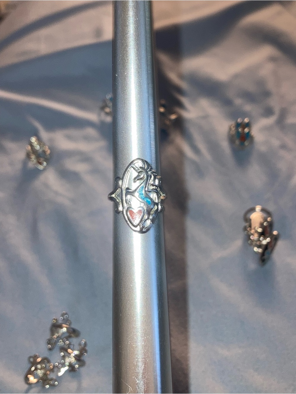 Sterling Silver Heart & Unicorn Inlay Ring - Silver with Blue & Pink Accents - Picture 1 of 4